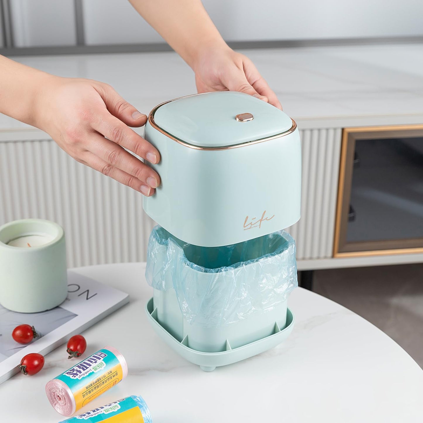 Yuzita Mini Desk bin with lid,Small Plastic Trash can for Kitchen Bathroom Office countertop,Button Desktop Waste bin,Waterproof Rubbish bin with 50 Trash Bags (Light Green)