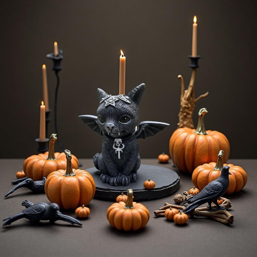Dianreno Gothic Black Cat Figurines 3-Set,Black Cat Halloween Decoration