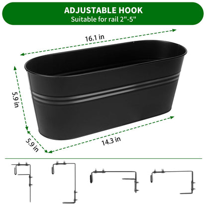 Holensun Railing Planter Box 16 Inch Metal Balcony Planters with Adjustable Brackets and Drainage Window Balcony Fence Deck Hanging Flower Pots for Outdoor Plants Apartment Patio Decor Black(4PCS)