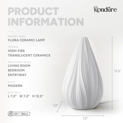 RONDURE 12.5" Modern Ceramic Table Lamp, Fully Dimmable Bedside Lamp for Bedroom Living Room Nightstand, White Translucent Ceramic Shade, Warm Ambient Decorative Corded Lighting, Bulb Included