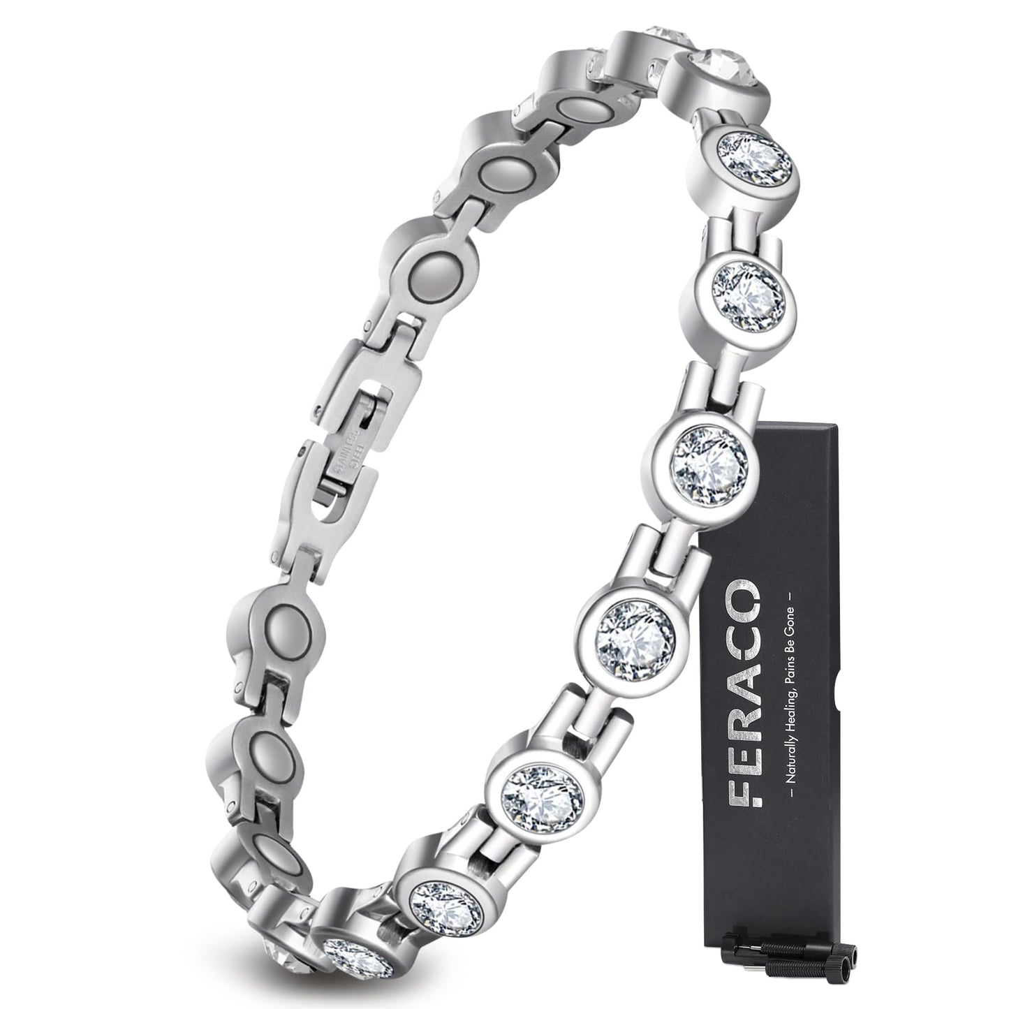 Feraco Magnetic Bracelet for Women Titanium Steel Magnetic Bracelets with Gorgeous Sparkling Cubic Zirconia Costume Jewelry Christmas Gifts (Silver)