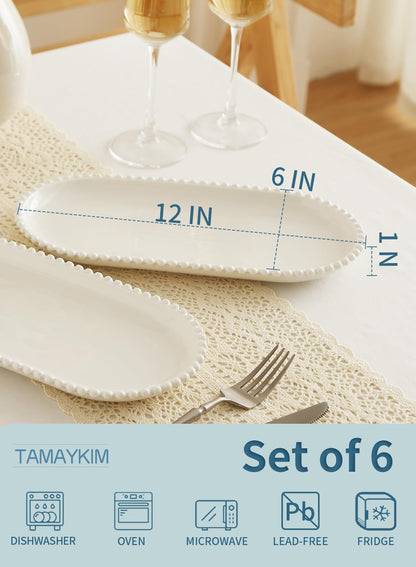 TAMAYKIM 12 Inch Porcelain Serving Platters Set of 6 - White Ceramic Trays with Beaded Edge, Oval Serving Plate for Steak, Taco, Sushi, Appetizer, Cake - Dishwasher & Oven Safe