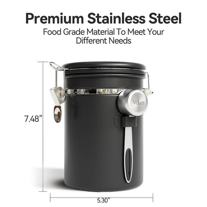 Veken Coffee Canister with Window,Airtight Stainless Steel Pantry Container,Kitchen Food Storage Organizers for Beans,Ground,Espresso,Rice,Tea,Sugar, Cereal, Bar Accessories,Gifts,Lids,Jars,22OZ,Black