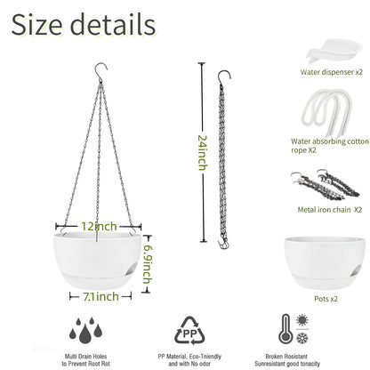 CNLBO 2 Pack Hanging Planters for Indoor Outdoor Plants, 12Inch Self Watering Hanging Pot with Drainage Holes and Saucer, Plastic Plant Pots, White Flower Pots for Kitchen, Balcony, Garden