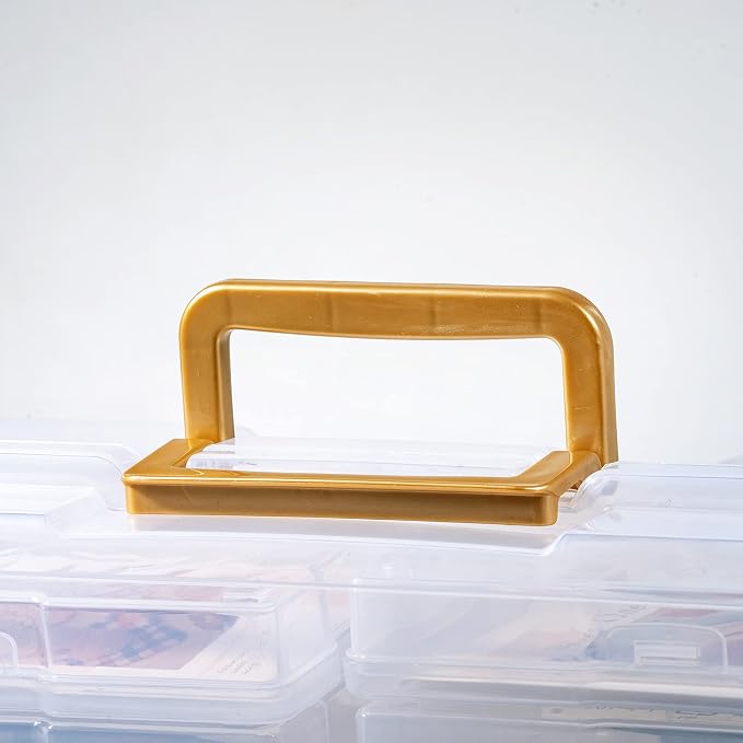 novelinks Transparent 4" x 6" Photo Organizers and Photo Storage Box with Handle, 16 Inner Photo Cases, Portable Picture Organizers & Photo Storage Containers (Clear-Gold Handle)