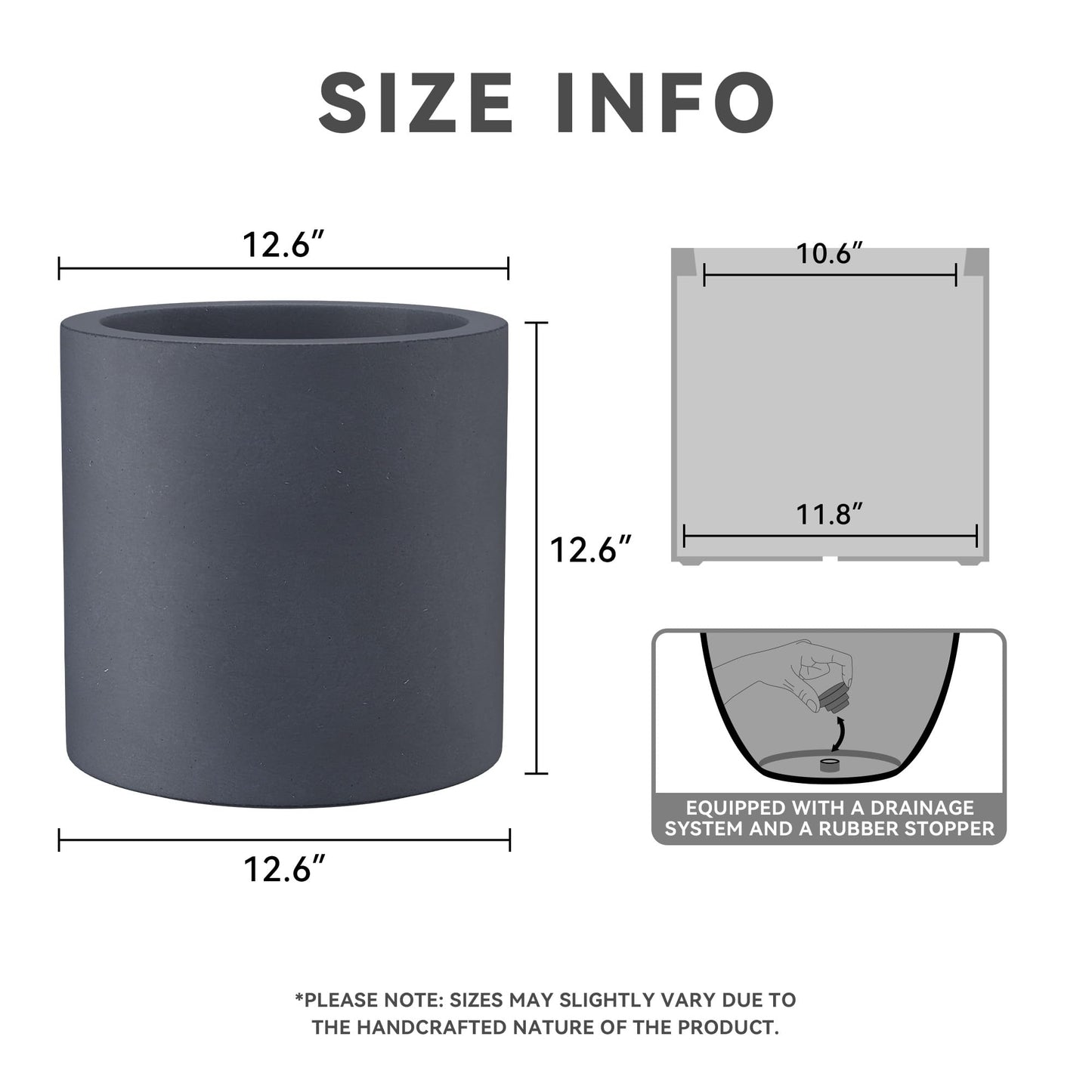 Kante 12.6" Dia Round Concrete Planter, Modern Style Large Cylindrical Plant Pot with Drainage Hole and Rubber Plug for Indoor Outdoor Patio, Dark Gray