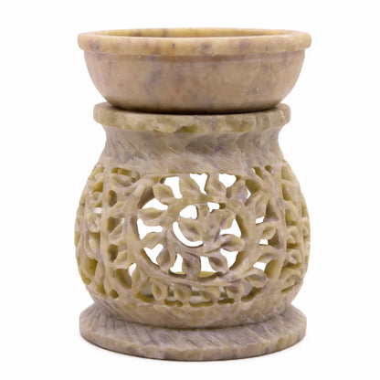 KC Kullicraft Marble Soapstone Candle Aroma Burner | Oil Diffuser | Tea Light Holder | Wax Burner- Handmade Flower Carving for Gifting & Decoration | Decorative Home and Office Decor.