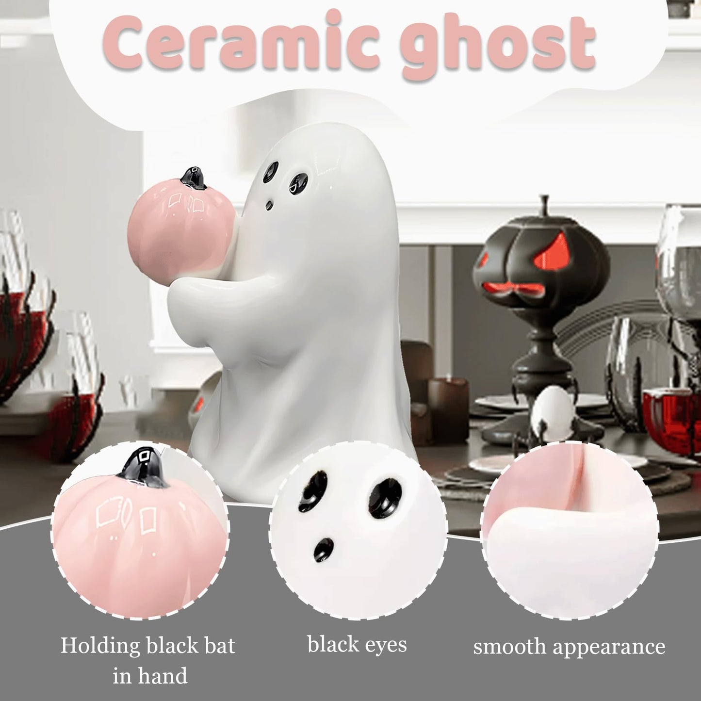 Halloween Ghost with Bat 4.5"H Resin Figurine, Ghost Halloween Decorative Figurine Decor for Home Office Gift for Friend and Family