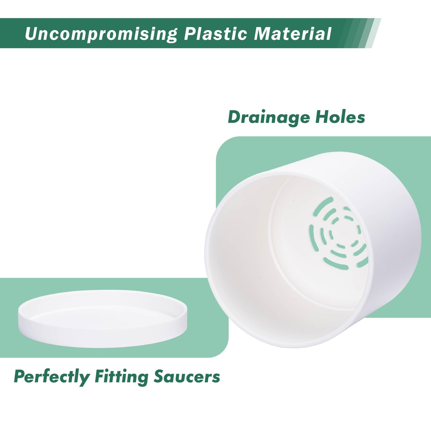 D'vine Dev 4 Pack 6.5 Inch Modern Plastic Plant Pots, Small Garden Planters for Plant with Drainage Holes and Saucers, White Color, 74-Z-L-2