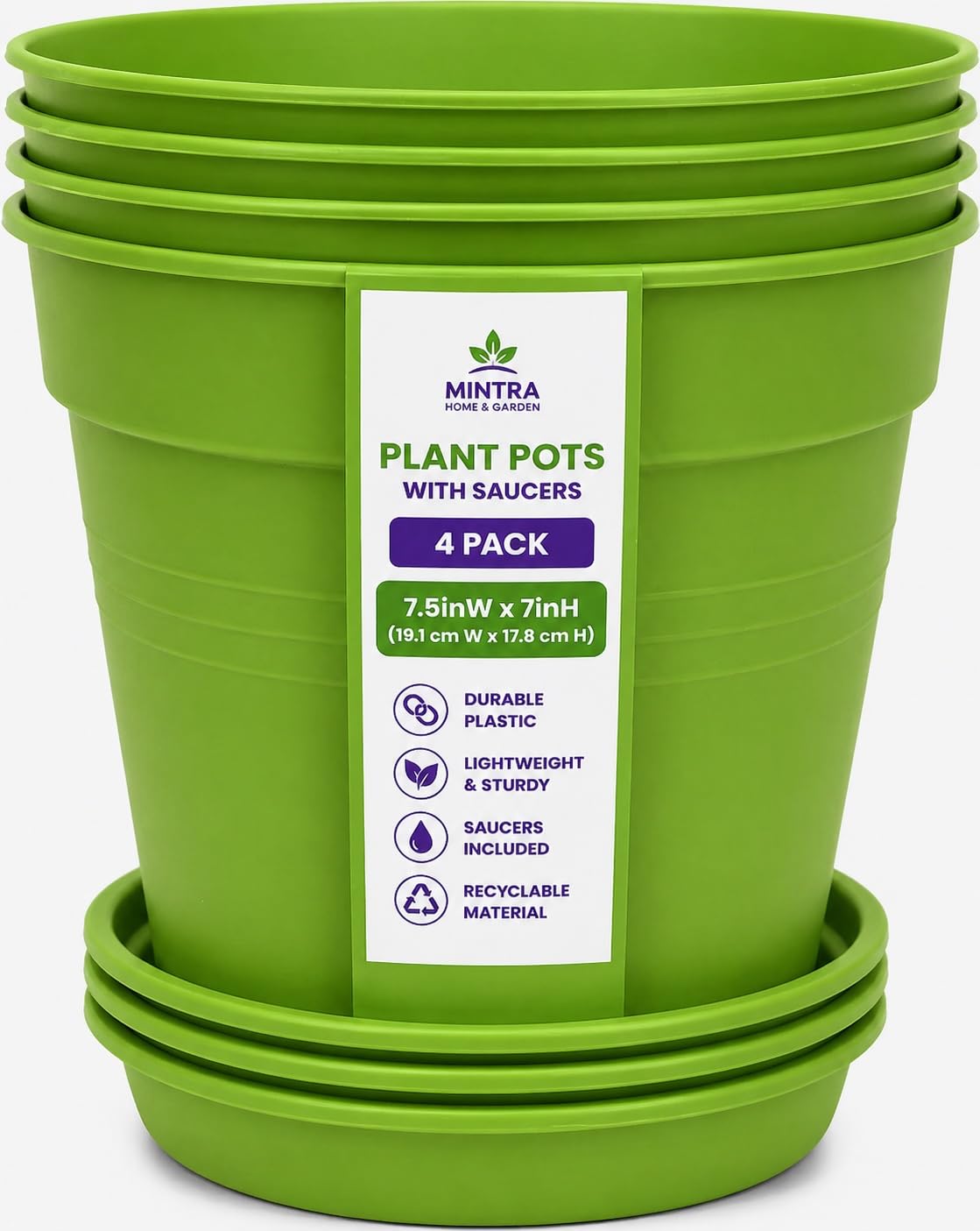 Mintra Garden Pots, 4 Pack Bulk Plastic Plant Pots with Drainage Tray, Round Indoor & Outdoor Decorative Planters with Drain Holes for Flowers, Herbs & Plants, 19cm Diameter – Light Green, 7.5 in