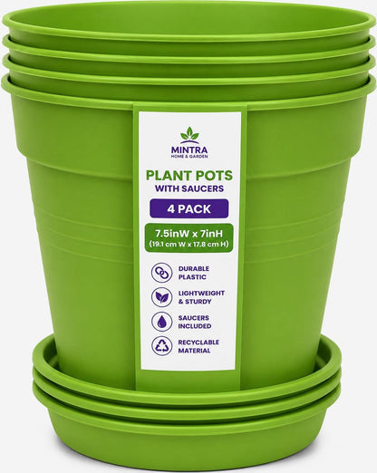 Mintra Garden Pots, 4 Pack Bulk Plastic Plant Pots with Drainage Tray, Round Indoor & Outdoor Decorative Planters with Drain Holes for Flowers, Herbs & Plants, 19cm Diameter – Light Green, 7.5 in