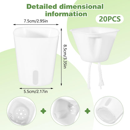 Meyeyaia 20 Pcs 3 Inch Self Watering Pots for Indoor Plants, White Plastic Self Watering Planters with Wicking Rope Visual Water Level & Vent Holes for Succulents, Flowers Indoor Outdoor