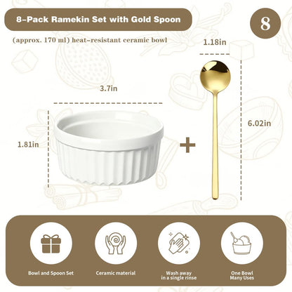 Rreme Brulee Ramekins 6OZ 8-piece Set Includes 8 Gold-Colored Stainless Steel Spoons，Ramekins Oven Safe，Suitable For Pudding Cups Dessert Cups Lce Cream Cup Reusable