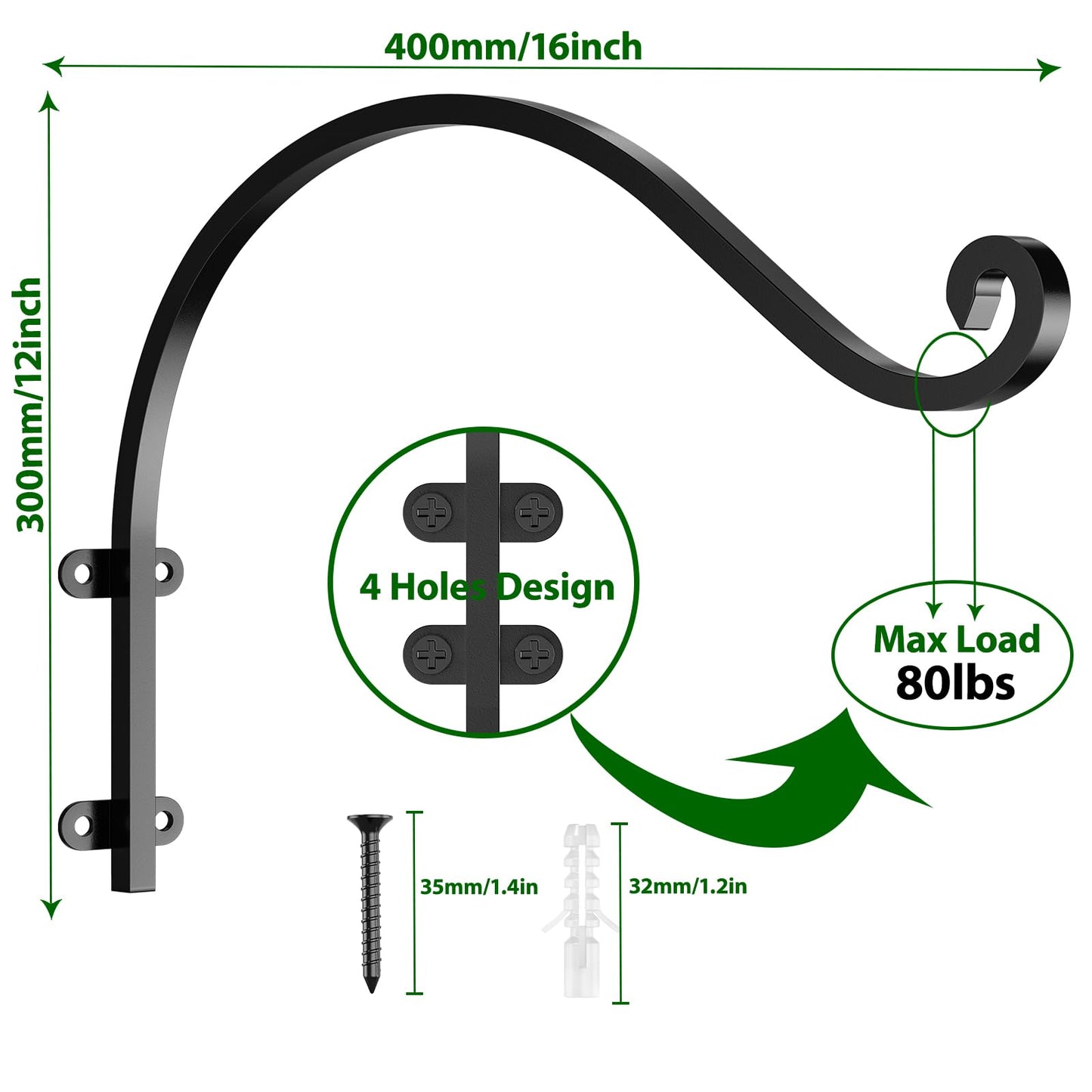 2 Pack Heavy Duty Plant Hanger Bracket, 16Inch Hanging Brackets for Plants Outdoor and Indoor, 80lbs Holding Capacity Metal Plant Wall Hooks, Black Hanging Plant Brackets for Flower Wind Bird Feeder