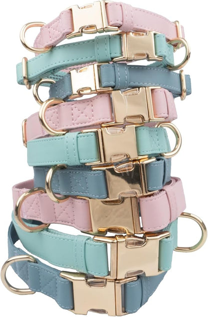 Leather Dog Collar and Leash Set 7FT Reflective at Night - Soft and Easy to Clean Vegan Leather with Gold Metal Buckle for Small Medium Large Dogs (L, Pink)