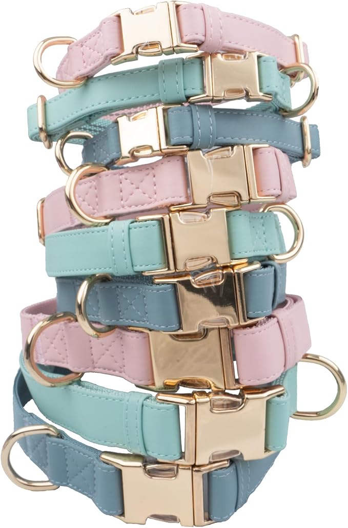 Multifunctional Reflective Leather Dog Collar and Leash Set 7FT, Easy to Clean Leather Leash Collar with Gold Metal Buckle(L, Grey Blue)