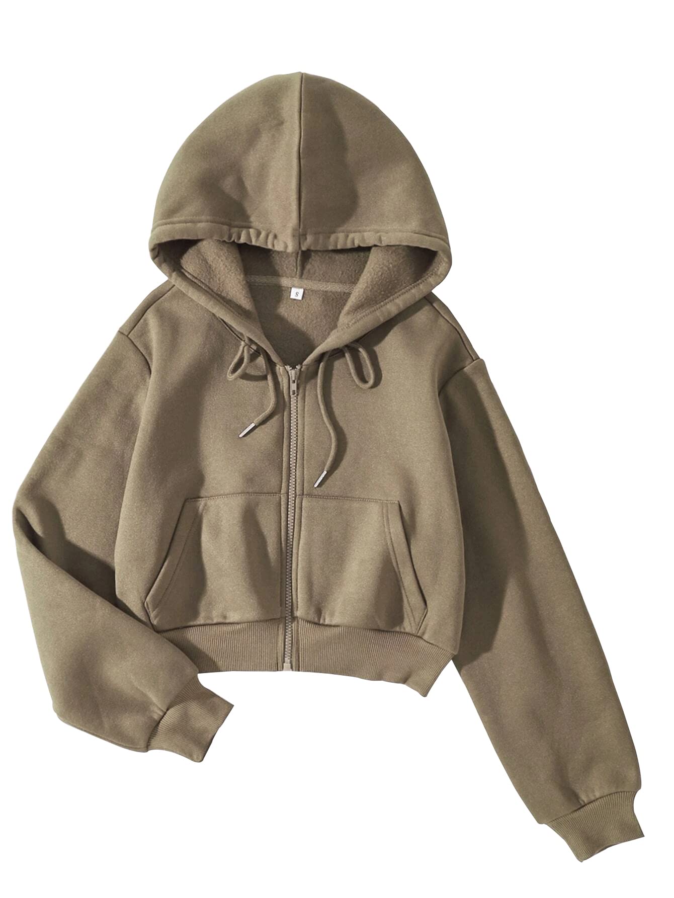 LOFAAC Women Fleece Full Zip Up Cropped Hoodie Sweatshirt 90s Long Sleeve Drawstring Hooded Crop Jacket Top(S,US,Women,Olive Green)