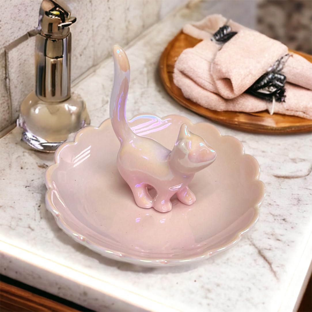 ROSA&ROSE Cat Ring Holder Trinket Tray Ceramic Jewelry Dish Decorative Ring Holder/Trinket Tray Engagement Wedding Birthday Gifts for Women Her(Pink)