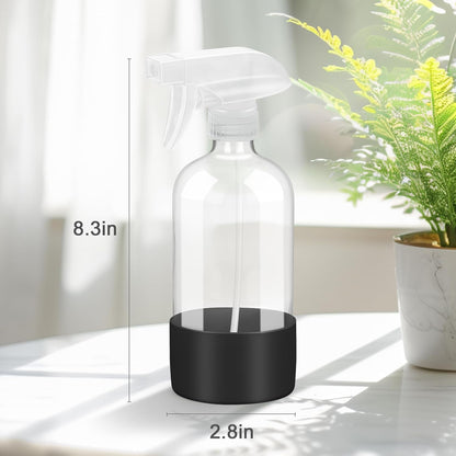 Worldgsb 2 Pack Glass Spray Bottles with Silicone Sleeve, 16 oz Empty Refillable Containers with Adjustable Spray Nozzles, Spray Bottles for Hair, Cleaning Solutions and Plants Black&Grey
