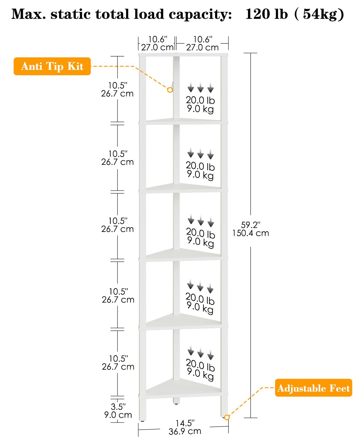 Apetaccat Corner Shelf, 6-Tier Corner Bookshelf, Narrow Display Shelf with Storage Rack,Wood Corner Book Shelf for Living Room, Bedroom, Office, White