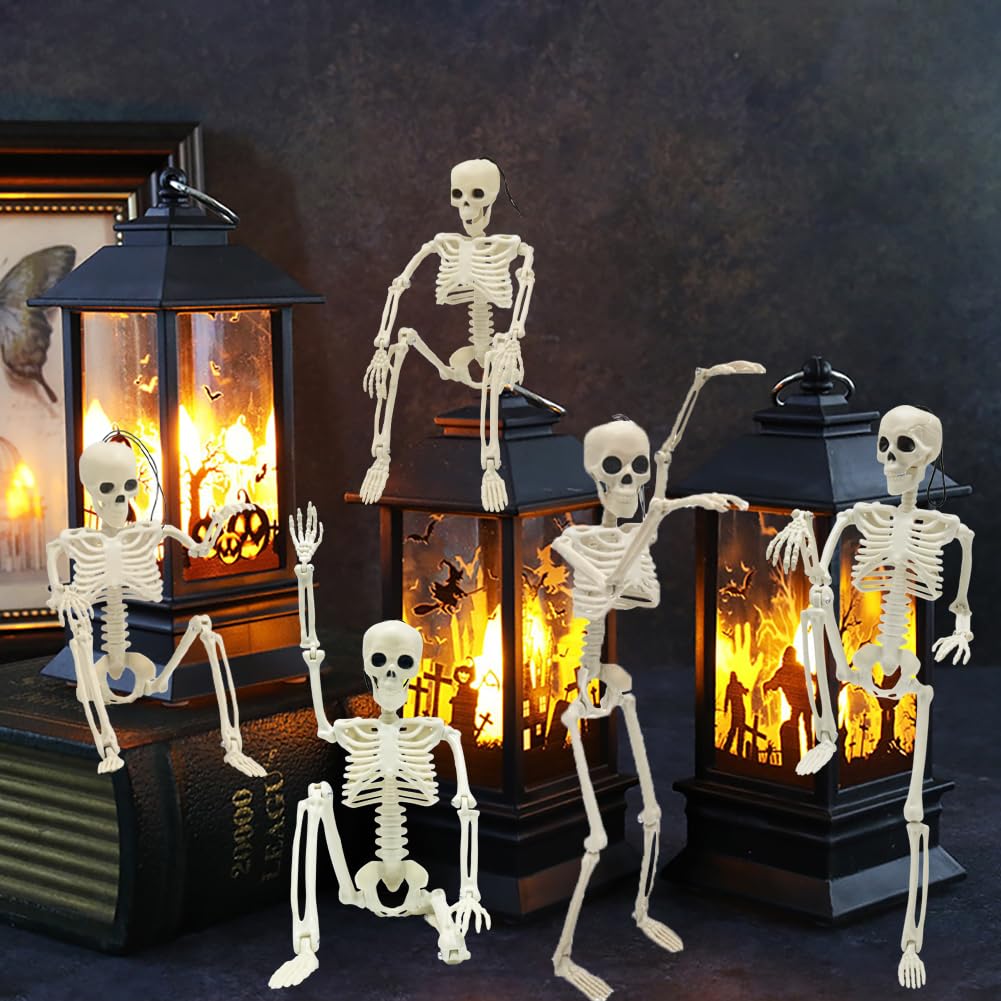 UMEELR 6Pcs Posable Plastic Skeletons, 16" Halloween Hanging Skeleton with Movable Joints Small Human Body Skeleton for Yard Patio Lawn Garden Props Halloween Spooky Party Decor