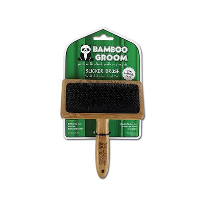 Alcott Bamboo Groom Slicker Brush with Stainless Steel Pins for Pets, Large, Brown