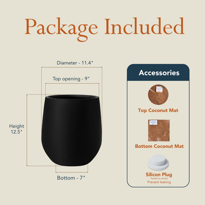 KUTE NEST 12.5" H x 11.4" D Premium Corso Fiberstone Round Tapered Planter with Drainage Hole, Weather Resistant for Indoor and Outdoor Use, Included 2 Extra Coco Mats (Black, 9" Pot Opening)