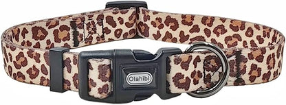 Dog Collar Leash Set, Leopard Pattern, Polyester Material, Adjustable Collar and 5ft Matching Leash, for Medium Dogs.(M, Light Coffee Leopard)