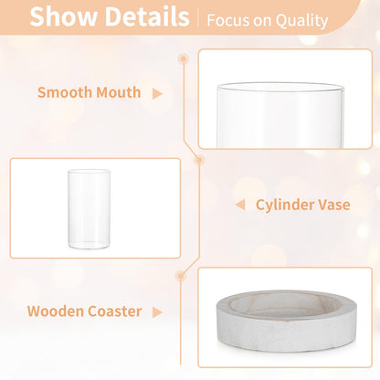NUPTIO Hurricane Candle Holder for Wedding: Glass Cylinder Vase with Distressed White Wood Plate - Set of 2 Tall Pillar Candles Holder for Christmas Thanksgiving Holiday Decoration