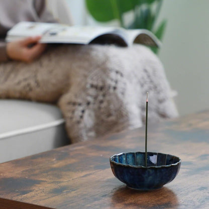Asayu Japan Lotus Incense Holder for Sticks 4.1 inch (105 mm), Traditional Made in Japan Ceramic Ash Catcher and Brass Incense Burner Set - Navy Dark Blue Lotus