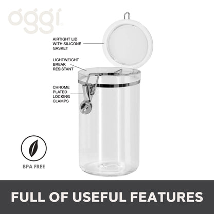 Oggi Large Clear Canister with Clamp Lid, 72 oz - Large Airtight Food Storage Container, for Kitchen & Pantry Storage of Bulk, Dry Foods, Pasta, Flour, Sugar, Coffee, Rice, Tea, Spices & Herbs