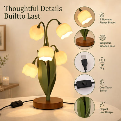 Flower Table Lamp for Bedroom, Cute Flower Reading Light with 5 White Lily of The Valley, Desk Lamp Bedside Lamps for Nightstands Home Decor,Soft Reading Night Light for Bedroom Living Room Office