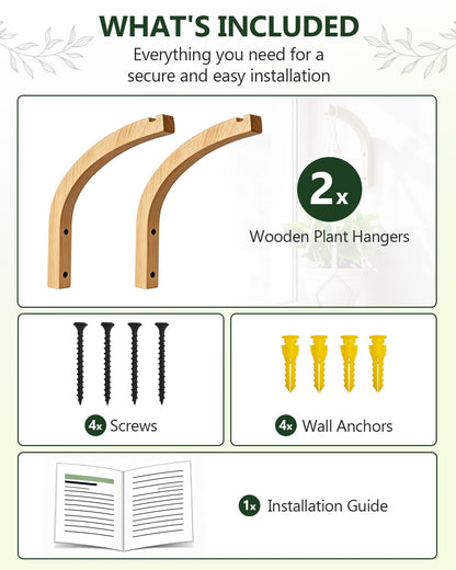DSJIFGEW Wooden Plant Hangers - Hanging Plant Hooks for Indoor Outdoor, Wood Hanging Wall Plant Hooks Heavy Duty for Flower Pots Wind Chimes and Bird Feeders(2-Pack,8-Inch)