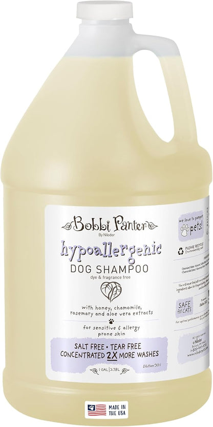 Bobbi Panter Hypoallergenic Dog Shampoo Honey, Aloe Vera, Chamomile & Rosemary – Dye & Fragrance Free Natural Formula for Sensitive & Allergy Skin, Tear-Free, 30:1 Concentrate, Made in USA, 1 Gallon