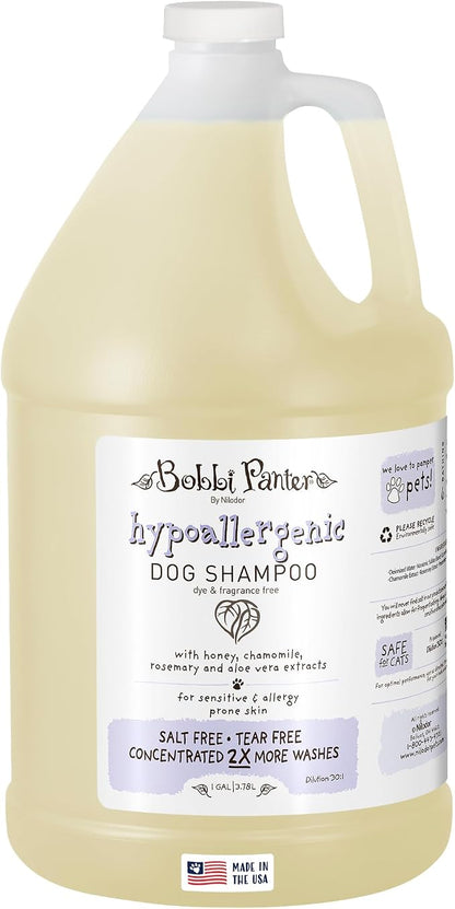 Bobbi Panter Hypoallergenic Dog Shampoo Honey, Aloe Vera, Chamomile & Rosemary – Dye & Fragrance Free Natural Formula for Sensitive & Allergy Skin, Tear-Free, 30:1 Concentrate, 1 Gallon (Case of 4)