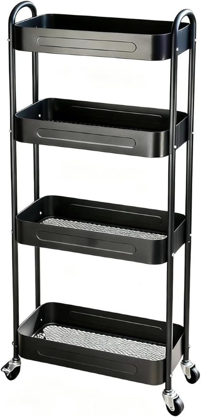 4 Tier Slim Storage Cart with Wheels for Laundry Room Between Washer and Dryer, 7.1'' Narrow Rolling Cart with Wheels and Lockable Casters, Metal Thin Standing Shelf for Small Space, Black