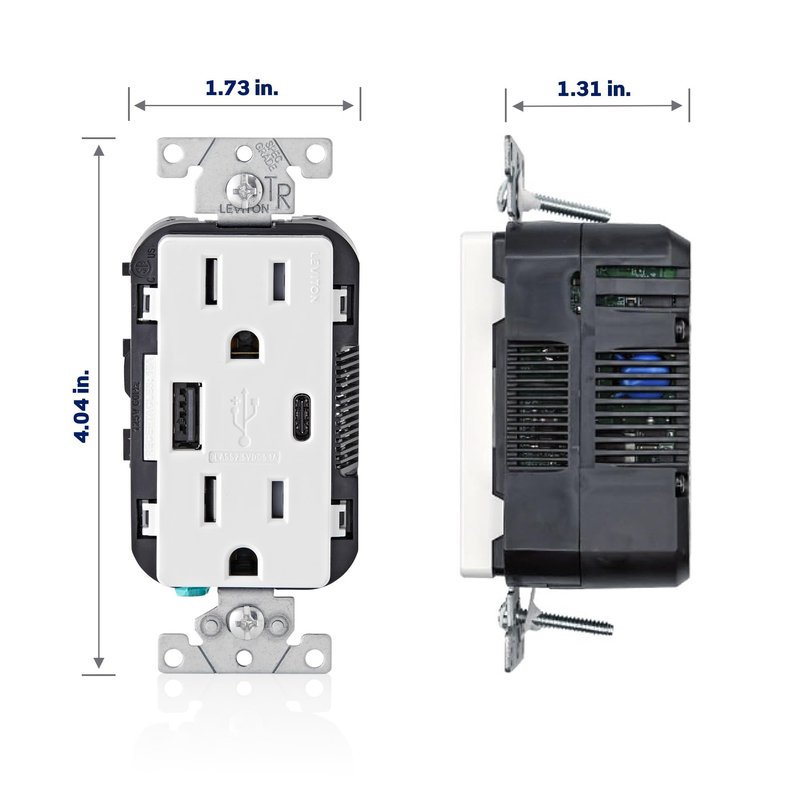 Leviton Type A & Type-C USB In-Wall Charger with 15A Tamper-Resistant Outlet, USB Charger for Smartphones and Tablets, Not for Laptops, T5633-W, White
