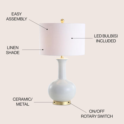 JONATHAN Y 27" White/Gold Ceramic Table Lamp for Living Room Bedroom, Modern Transitional Nightstand Lamp with White Linen Drum Shade, LED Bulb Included JYL6208A