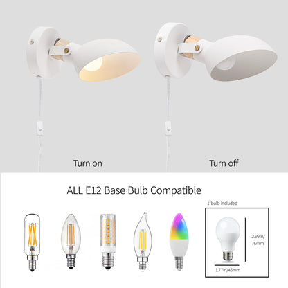 Aisilan Modern Wall Sconce with Plug in Cord and On Off Switch 5W E12 Bulb Matte White Swivel Wall Light for Bedside Living Room Corridor Hotel 3000k White