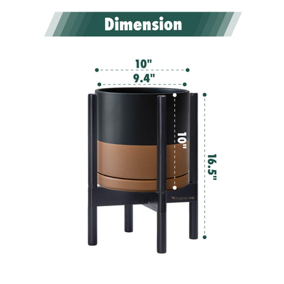 D'vine Dev Ceramic Planter with Ebony Stand - 10 Inch Modern Round Flower Pot with Wood Planter Holder, Black/Speckled Tan, 55-B-L-7