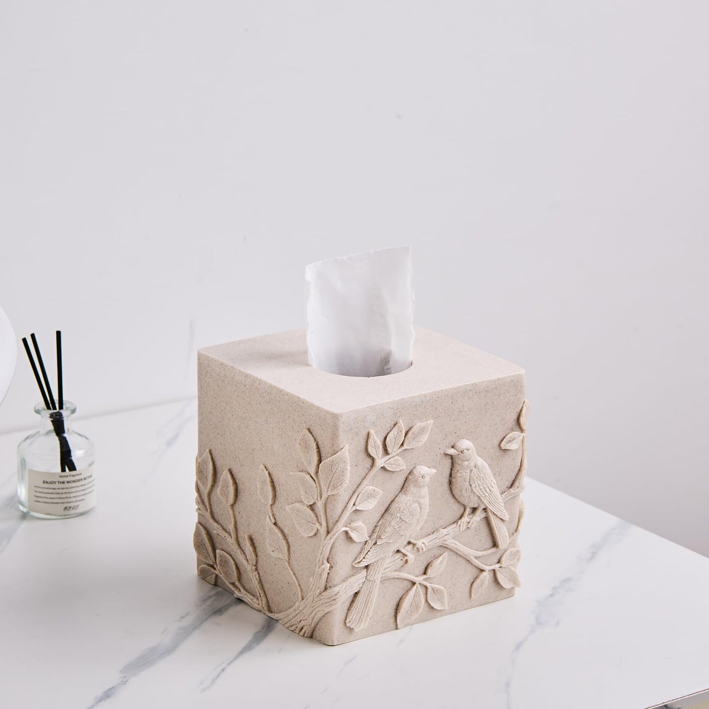 Beige Sandstone Relief Birds Square Tissue Box Cover Decorative,Resin Heavy Sturdy Tissue Box Holder, Facial Paper Holder for Bathroom Vanity Countertop, Bedroom Night Stand,Office and End Table