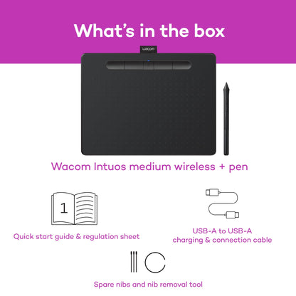 Wacom Intuos Medium Bluetooth Graphics Drawing Tablet, Portable for Teachers, Students and Creators, 4 Customizable ExpressKeys, Compatible with Chromebook Mac OS Android and Windows - Black