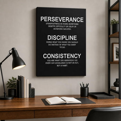 PJQART Inspirational Posters for Office Canvas Wall Art, Perseverance Discipline Consistency Definition Print for Home Office Dorm Classroom, Framed Black White, 24x18inch