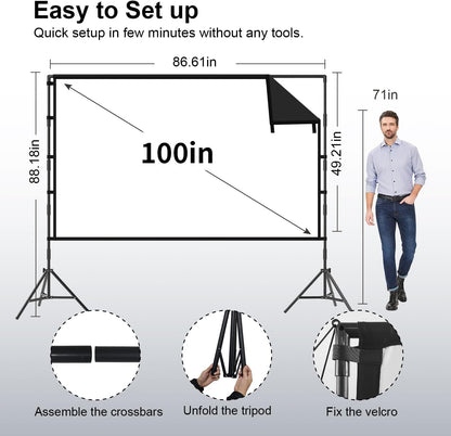 Projector Screen with Stand, TOWOND 100 inch Portable Projector Screen Black Backing, Indoor Outdoor Movie Screen 16:9 4K HD Wrinkle-Free Projection Screen with Carry Bag for Backyard Movie Night