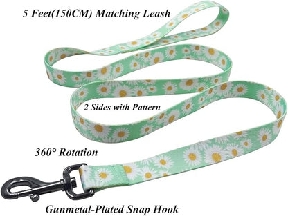 Dog Collar Leash Set, Floral Pattern, Polyester Material, Adjustable Collar and 5ft Matchcing Leash, for Small Dogs.(S, Light Green Daisy)