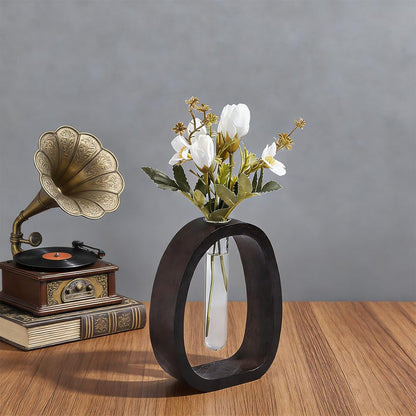 UNICRAFTALE Dark Brown Solid Wood Vase Small Desk Hydroponic Plant Frame Glass Test Tube Vases Decorative Single Flower Holder Office Home Decoration for Garden Terrarium
