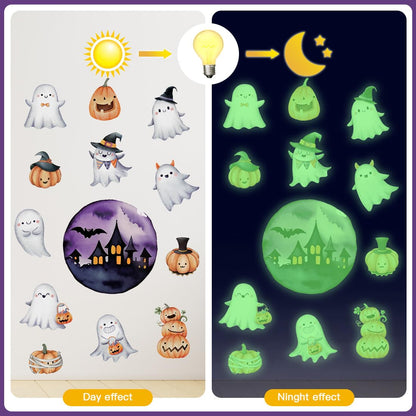 TOARTI Halloween Glow in The Dark Window Decal Halloween Luminous Ghost Wall Clings Haunted House Bat Pumpkin Night Glow Decals Scary Halloween Theme Party Decor