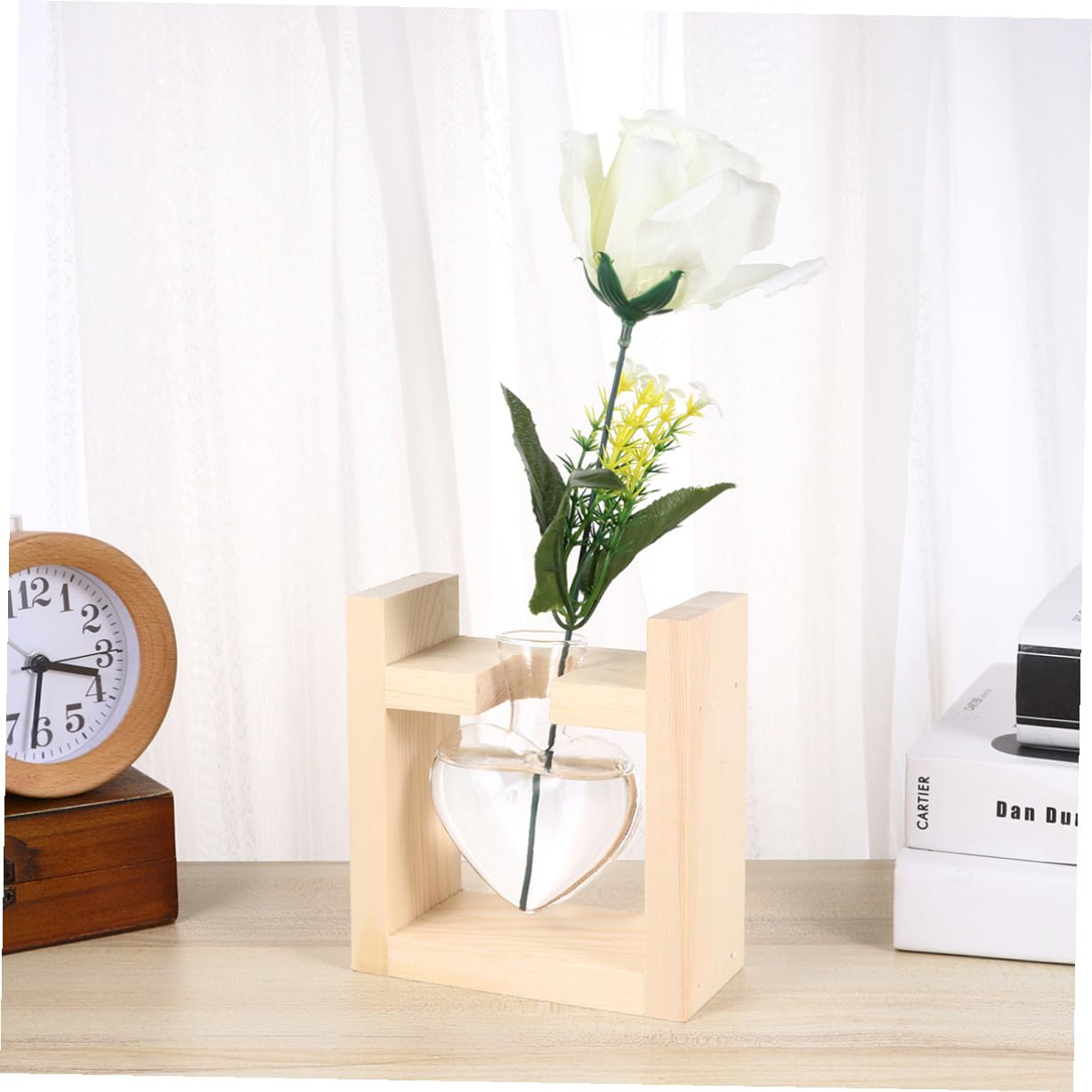 HAKIDZEL Heart-Shaped Glass Vase with Wooden Rack Hydroponic Plant Terrarium Container for Indoor Flower Arrangement Heat-Resistant Decorative Planter for Tulips Roses Indoor and Office