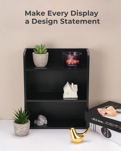 Bahhatii 3-Tier Trinket Shelf, 10" x 12" Small Display Shelf for Desk or Wall, Wooden Knick-Knack Shelves for Collectibles, Perfume & Crystal Storage, Black