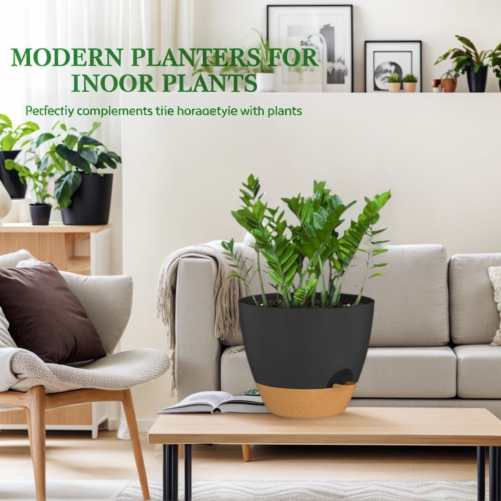 ZMTECH 10 Inch Plant Pots Set of 2 Planters for Indoor Plants Self Watering Pots Flower Pots with Drainage Holes and Saucer for Outdoor Plants(Black with Brown)